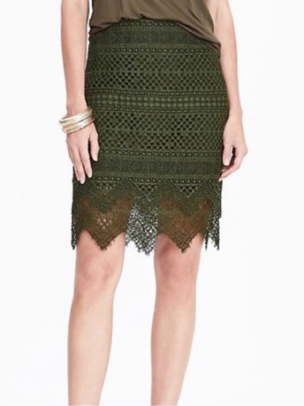 Banana Republic Olive Green Lace Pencil Skirt Scalloped Hem Size 4